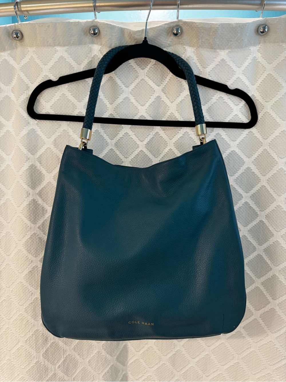 Cole Haan Teal Blue Leather Braided-Handle Shoulder Bag